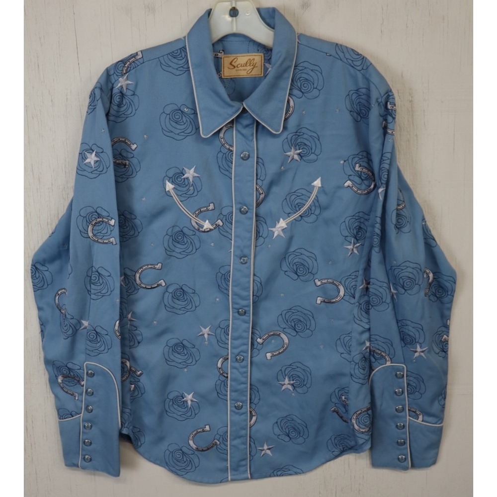 Scully Embroidered Denim Western Shirt Womens XL Pearl Snap Blue Horseshoes Rose